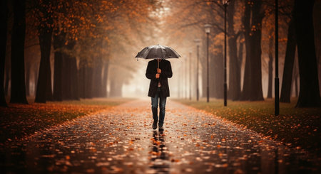 Young woman in raincoat with umbrella standing on road in autumn parkの素材
