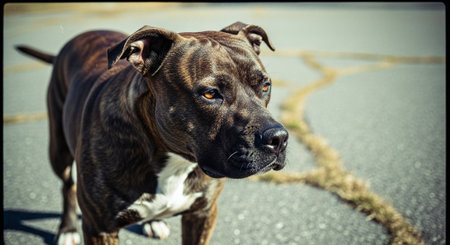 American staffordshire bull terrier on the street. Selective focus.の素材