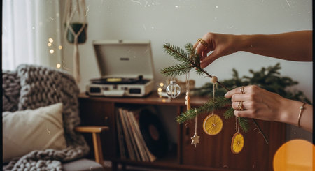 Cropped image of woman decorating christmas tree in living roomの素材