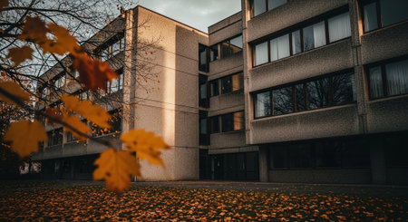 Modern apartment buildings on a sunny day with yellow leaves. Facade of a modern apartment buildingの素材