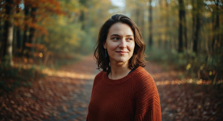 Portrait of a young woman in a red sweater on the background of autumn forest.の素材