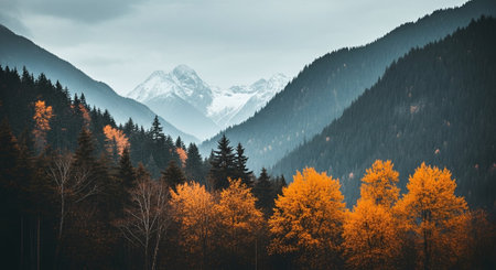 Mountain autumn landscape with colorful forest and snowcapped peaks.の素材