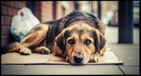 Homeless dog lying on the floor in the city. Selective focus.の素材