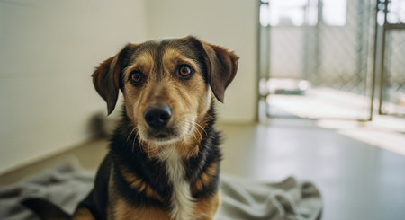 Cute dog looking at camera on the floor in the room.の素材