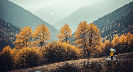 Woman with umbrella in the autumn forest. Rainy weather in the mountains.の素材