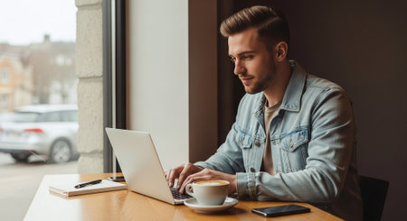 Handsome young man using laptop and drinking coffee while sitting in cafeの素材