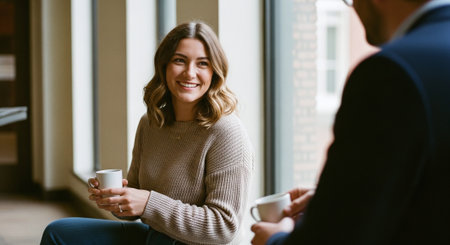 Portrait of a young businesswoman drinking coffee and talking to her colleague in the officeの素材