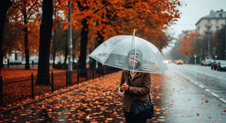 Young woman in raincoat with umbrella standing on the street in autumnの素材