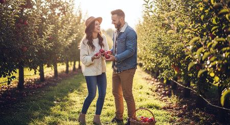 Young couple picking apples in an orchard on a sunny autumn dayの素材