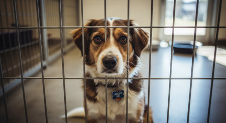 Portrait of a Border Collie in a cage at an animal shelterの素材