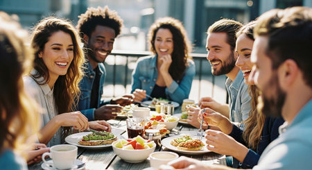 Group of happy young people having lunch together on the terrace of a restaurantの素材
