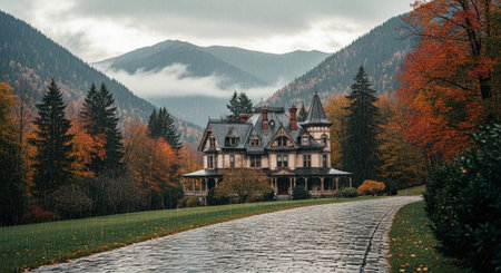 Autumn landscape with old house in Carpathian mountains, Ukraineの素材