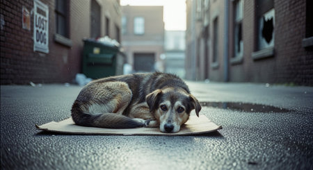 Homeless dog lying on the street. Homeless dog on the street.の素材