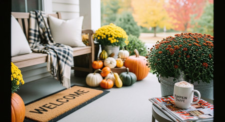 Autumn home decoration with pumpkins and flowers on the porch of the houseの素材