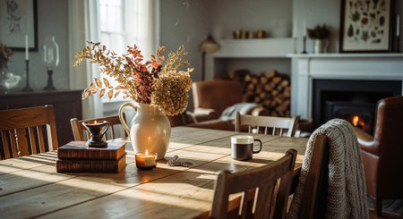 Vase with dried flowers and cup of coffee on table in living roomの素材