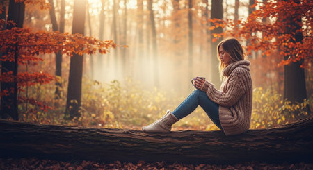 Young woman sitting on fallen tree in autumn forest and drinking coffee.の素材