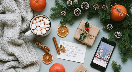 Christmas and New Year holiday composition. Flat lay, top view, copy space.の素材