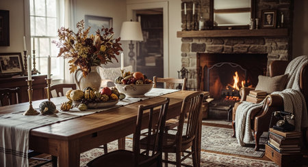 Vintage interior of a country house with fireplace and christmas decorationsの素材