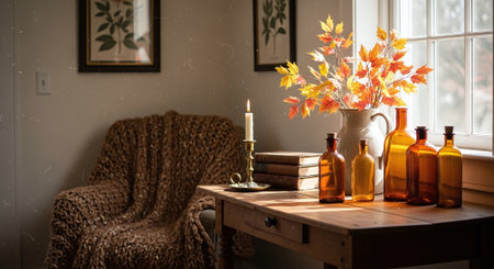 Still life with autumn leaves on a wooden table, candles and booksの素材
