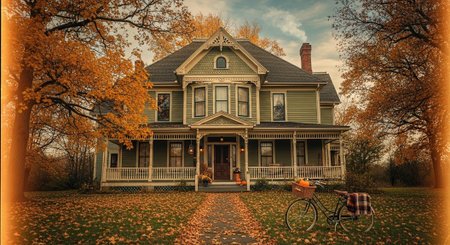 Autumn in the park. Beautiful old house with a bicycle.の素材