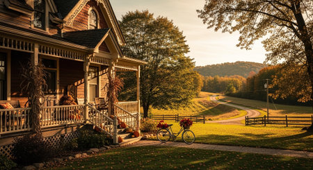 Bicycles in front of a country house in the fall.の素材