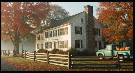 Vintage truck in front of a farmhouse in the fall.の素材