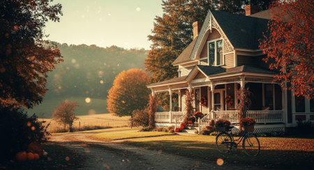 Autumn landscape with beautiful house on the hill. Vintage style toned pictureの素材