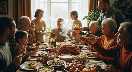 Group of senior people celebrating Thanksgiving dinner at home. Selective focus.の素材