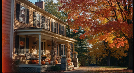 Autumn maple leaves with pumpkins in front of a house.の素材