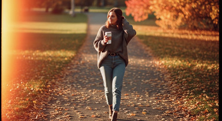 Beautiful young woman walking in the autumn park with a cup of coffeeの素材