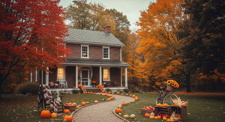 Halloween background with pumpkins in front of old house in fallの素材