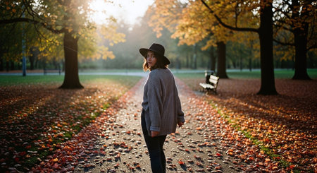 Beautiful young woman in a hat walking in the autumn park.の素材