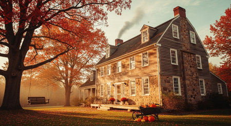 Autumn scene with old house, bench and pumpkins in the parkの素材
