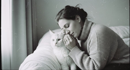 Beautiful young woman with a cat on the bed at home.の素材