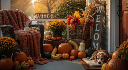 Autumn still life with pumpkins on the porch of the houseの素材