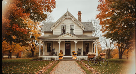 Vintage photo of a beautiful old house in the fall time.の素材