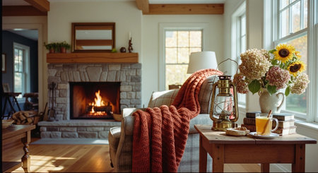 Cozy living room with fireplace, armchair, coffee cup and plaidの素材