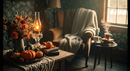 Autumn still life with pumpkins, cup of coffee, candles, knitted plaid on the chair in the roomの素材