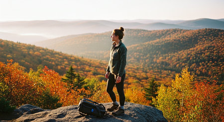 Hiker with backpack standing on the edge of cliff and looking into the distance.の素材