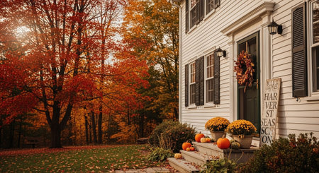 Pumpkins on the porch of a house in the fall.の素材