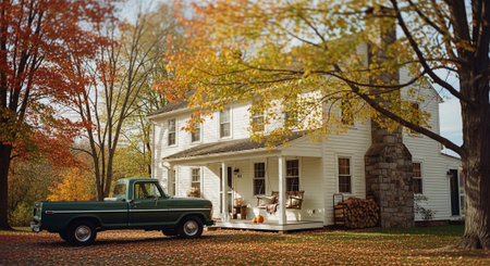 Vintage car in front of a farmhouse in the fall seasonの素材