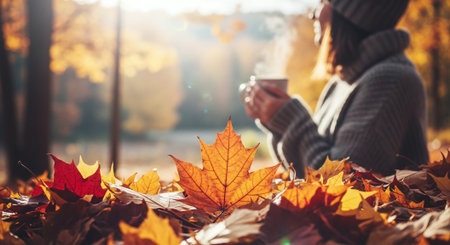 Woman drinking hot coffee in autumn park. Girl in warm knitted sweater and hat sitting on yellow fallen maple leaves with cup of tea.の素材