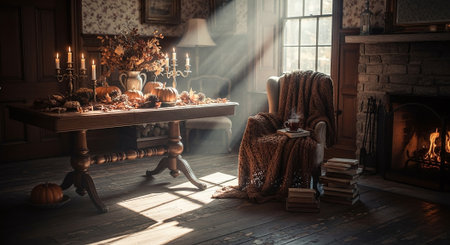 Scary halloween interior with old furniture, candles and pumpkinの素材