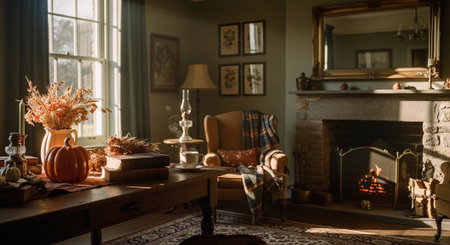 Vintage living room with fireplace, sofa, armchair and candlesの素材