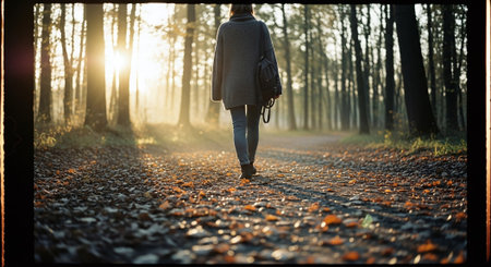 Woman walking in autumn forest. Rear view of a young woman walking in autumn forest.の素材