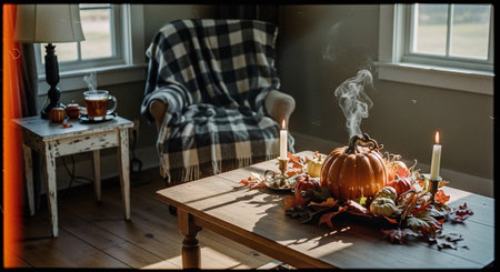 Halloween decoration with pumpkins, candles and autumn leaves on wooden tableの素材