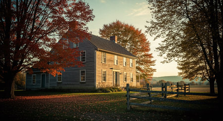 Old country house in the fall with colorful trees in the foreground.の素材