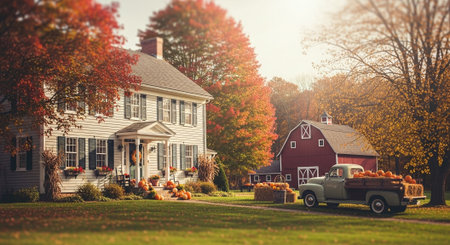 Vintage truck carrying pumpkins in front of farm house with fall foliage.の素材