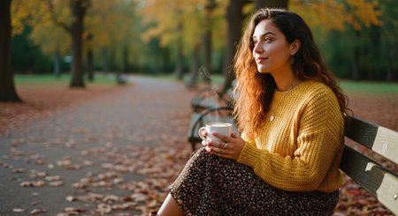 Beautiful young woman sitting on a bench in the park and drinking coffeeの素材
