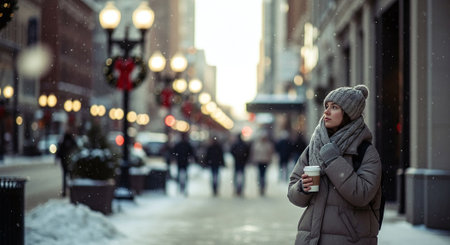 Young woman with cup of hot drink walking on street in winter.の素材